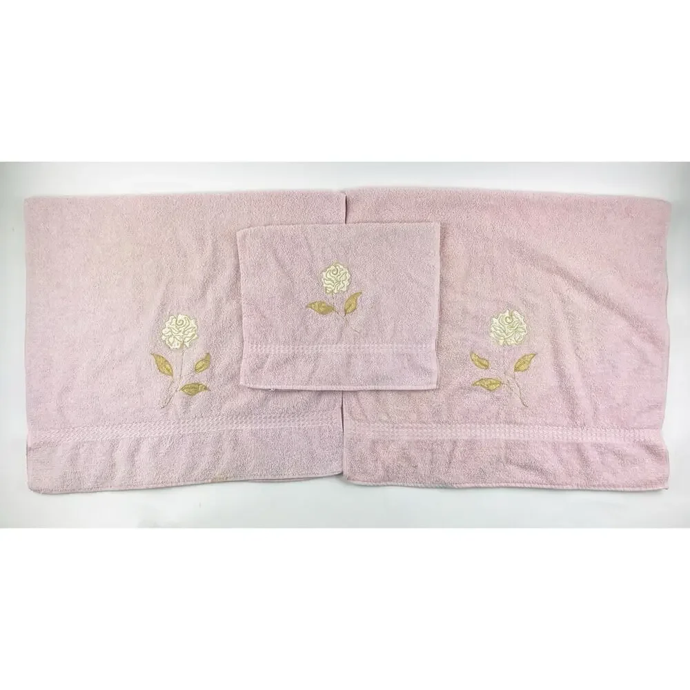Cannon Bath Body Hand Towel Set Vintage Pink Floral Appliqué Gold Rose USA Flowe
